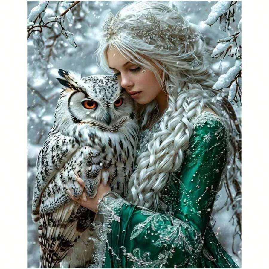 1套[30*40厘米/11.8*15.7英寸]5D亚克力钻石画套装，美丽女子与猫头鹰图案，适合成人初学者DIY马赛克钻石画，全钻手工DIY钻石画，可装饰客厅、卧室、办公室墙面，是送给家人和朋友的惊喜礼物，无框 - 無框 - 查看 1