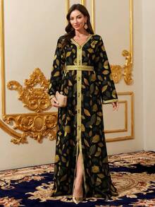 Ramadan Clothing, V-Neck Black & Gold Leaf Print Women's Robe, Gold Ribbon Trim Slit Hem Dress - Black - View 3