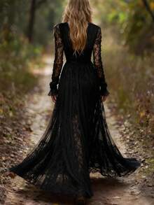 Goth Sheer Floral Lace V Neck Long Sleeve Ruched A-Line Maxi Dress - Black - View 2