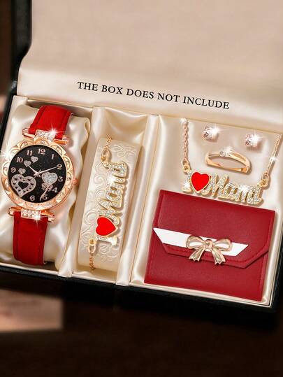 7 piezas Conjunto de accesorios románticos y cálidos para mujer (Incluye caja de reloj de oro rosa con esfera negra, reloj de cuarzo con números árabes con corazones y correa roja, pulsera con corazones de rhinestone, collar con corazón de rhinestone, anillo de rhinestone, aretes de botón de rhinestone, cartera con lazo rojo)