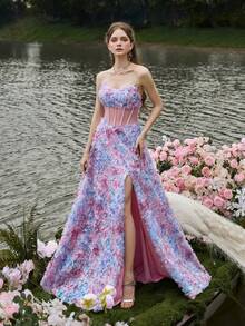 Faeriesty Vestido formal de noche de mujer con parches de malla floral sin tirantes, ajustado - Adecuado para fiesta de cumpleaños, sesión de fotos, gala, cena formal y otras ocasiones, color rosa primaveral para boda - Rosa - Ver 4