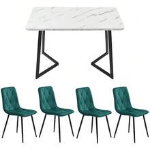 Dining Room Set (Rectangular Table 117 X 68 Cm With 4 Chairs), Dark Green Velvet Twill Chair, Black Table Legs, Modern Style. - Dark Grey - View 5
