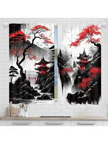 2入組日式山水水墨畫數字印刷窗簾,配戴口袋式窗簾杆系統,適合客廳,廚房,臥室,書房,家居裝飾 - 黑色 - 查看 11