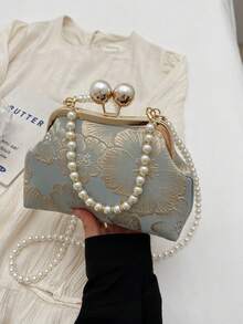 新款中国风民族风刺绣手提包，时尚珍珠手拿斜挎包，女士 - 淺藍色 - 查看 6