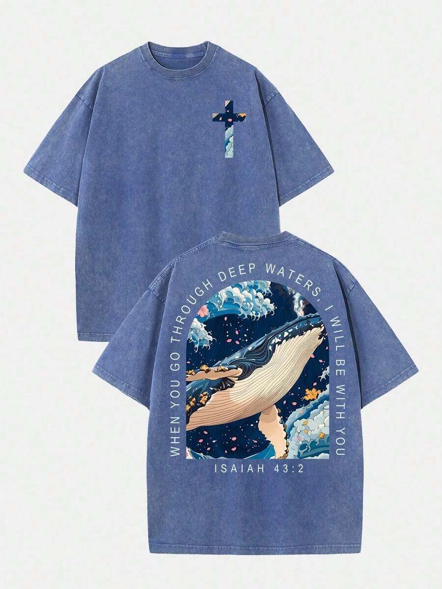 2026 Summer Clothes(230g T-Shirt) Loose Washed Cotton "When You Go Through Deep Waters" Turtle Graphic T-Shirt, Comfortable Christian Faith Tee With Bible Verse, Breathable Retro Streetwear - Gift ChoiceLoose And Comfortablesummer Tops - 藍色2 - 查看 1