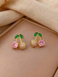 一套不锈钢粉色樱桃项链和耳环，全镶钻奢华微镶嵌个性化宴会珠宝礼品 - 彩色 - 查看 3