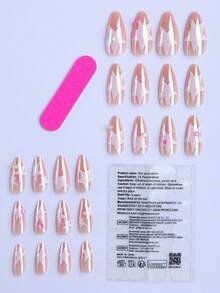 24片杏仁形半透明粉色按压式美甲片，融合了Y2K经典五角星图案、极光炫彩钻石、甜美酷女孩风格、全息3D效果和梦幻美人鱼珍珠。便携式假指甲，适合外出和派对。内含果冻胶（1片）和指甲锉（1把）。 - 彩色 - 查看 2