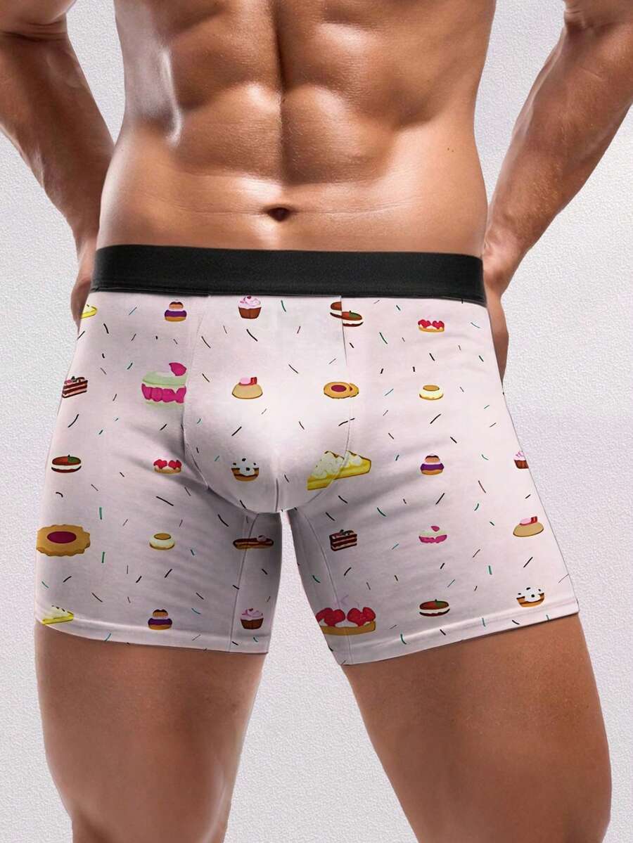 男士趣味甜点纸杯蛋糕印花平角内裤，柔软涤纶面料，可爱休闲家居服，生日派对及甜点主题礼物的完美之选 - 粉色 - 查看 1