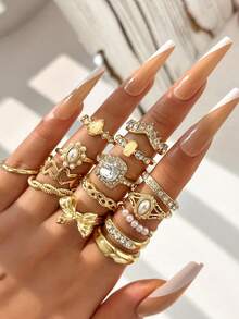 15pcs/Set European And American INS Style Imitation Gem Rings, Faux Pearl Flower Geometric Crystal Bowknot Ring Set - Gold - View 5