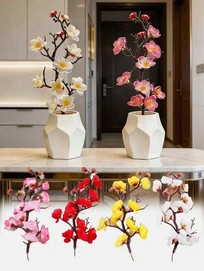 Artificial Plum Blossom, Orchid And Chinese Lantern Potted Plants, Lifelike Flower Buds On Stems, Maintenance-Free, Beautiful Decorative Florals, Suitable For Indoor And Outdoor Decor, Excluding Planter, Ideal For Home Desktops And Rooms