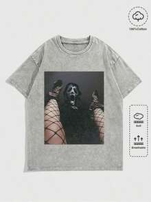 Summer TopsHalloween Retro Washed T-Shirt Scream Ghostface Heart Hands Graphic Tees Water Washing Print T-Shirt, Vintage T-Shirt,Short Sleeves Crew Ne - 灰色 - 查看 12