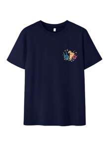 Women's Summer New Fashionable Funny English Print Casual Round Neck Short Sleeve T-Shirt, Versatile Cocktail & Floral Pattern Design, Casual Vacation Outfit - Dark Blue - View 6
