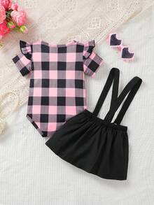 2 piezas Conjunto de niña bebé de mono con estampado a cuadros y volantes en las mangas + falda con bordado de corazón, para uso diario, primavera/verano - Rosa - Ver 2
