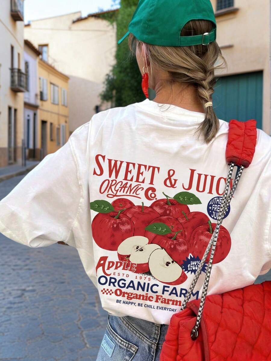 夏季新款简约ins风有机农场苹果印花休闲圆领短袖T恤，时尚百搭女式上衣 - 白色 - 查看 1