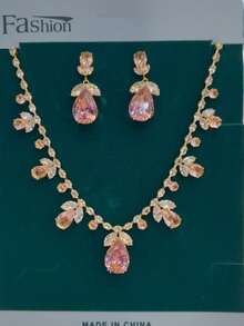 3pcs Zirconia Luxury Necklace, Earrings & Pink Tulip Jewelry Set, Fashionable Blooming Outfit Accessory - Multicolor - View 15
