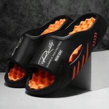 Men's Fashionable Letter Printed Slippers With Thick Sole, Increased Height, Anti Slip, Wear-Resistant, Breathable, Oversized Cool Slippers For Indoor And Outdoor Leisure, Sports Gatherings, Parties, Beaches, One Foot Slippers - 黑色 - 查看 3