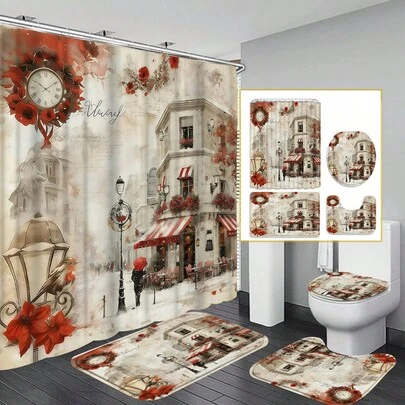 A Set Of Four Snow-Themed Shower Curtains, A Red Floral Bathroom Set, Including A Non-Slip Rug, A U-Shaped Mat, And A Toilet Seat Cover; Waterproof, A Valentine's Day Gift.