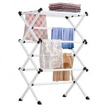 3 Tier Clothes Airer Dryer Metal Laundry Horse Drying Rack Foldable Space Saving For Indoor Outdoor Patio Garden Folding Telescopic Clothes Drying Rack, Household No-Installation Floor-Standing Three-Tier Storage Rack, 3D Telescopic Clothes Rack, Thickened Towel Rack - A - View 8
