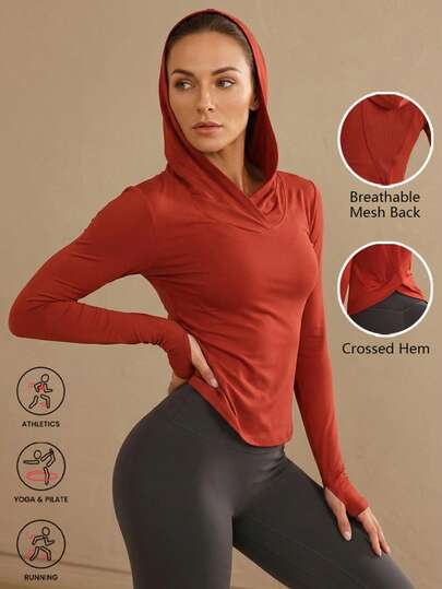 Never me Women's Fitted Hooded Sports T-Shirt, Back Breathable Hole Design, Crossover Hem, Long Sleeve With Thumb Hole, Yoga Workout Casual Pullover Top, Solid Color