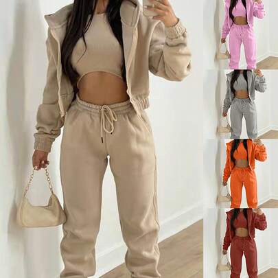 2026 New Cross-Border  European And American Women's Fashion Solid Color Casual Sports Hoodie Sweatshirt And Long Pants Three-Piece Set