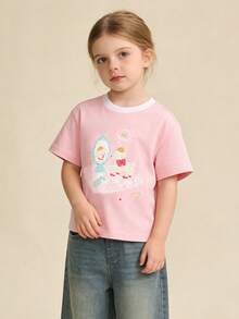 Balabala Young Girl' Short Sleeve T-Shirt, Unisex, Cotton Fabric, Retro Style Summer Top - White Red - View 3