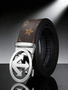 男士奢华字母图案PU皮革腰带，配箭头圆形自动扣，金色/银色/黑色镀金金属扣，复古花卉图案，可调节棘轮设计，商务休闲皆宜，父亲节和周年纪念日的完美礼物 - 彩色 - 查看 5