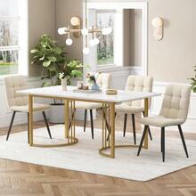 Dining Set (5 Pieces), Table And 4 Chairs, Modern Kitchen Set, 140*80cm Kitchen Table With Gold Metal Legs, White MDF Top, Beige Velvet Dining Chairs - Apricot - View 1