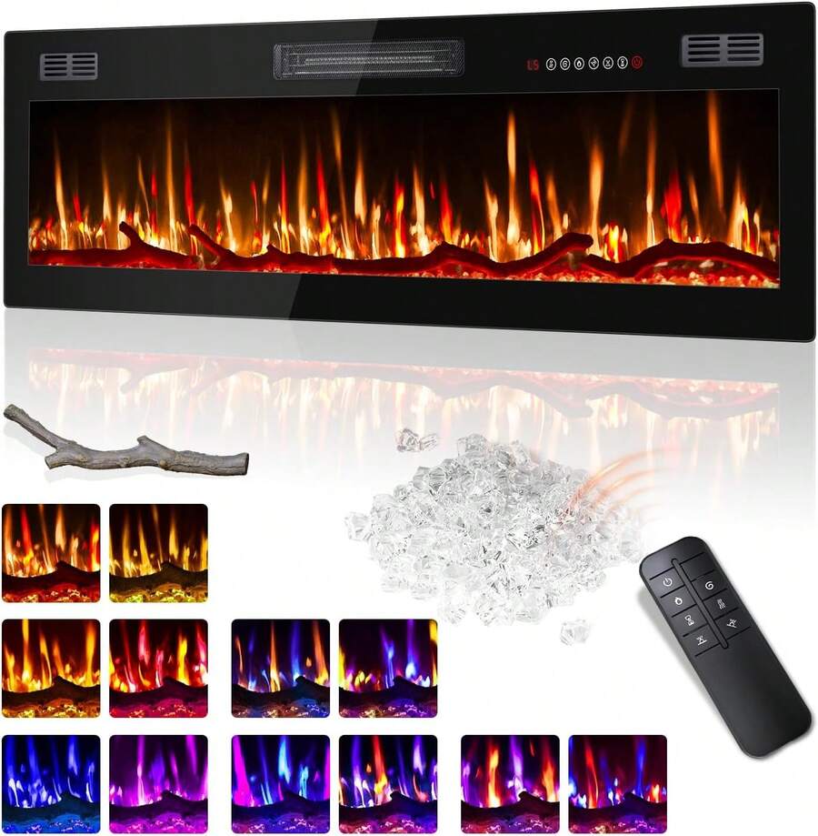 50"Ultra-Thin Silence Linear Electric Fireplace – Recessed & Wall Mounted Fireplace Heater With 12 Adjustable Flame Colors, Remote Control, Log & Crystal Options, 750W/1500W - 50inch - View 1