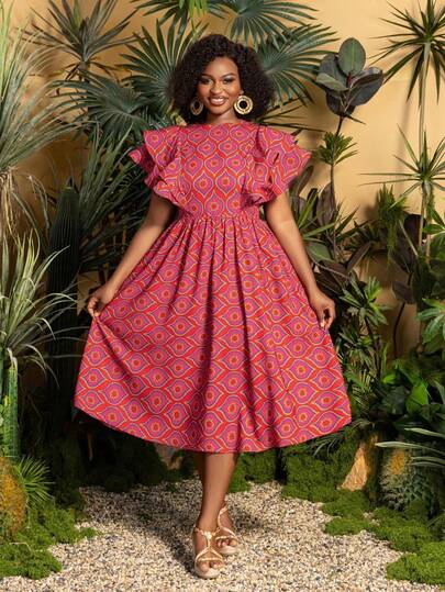 Faeriesty 大码优雅圆领中长连衣裙，荷叶边短袖，A字腰线，适合婚礼宾客、伴娘伴郎、订婚派对、正式晚宴、专业摄影、度假夏季等场合。