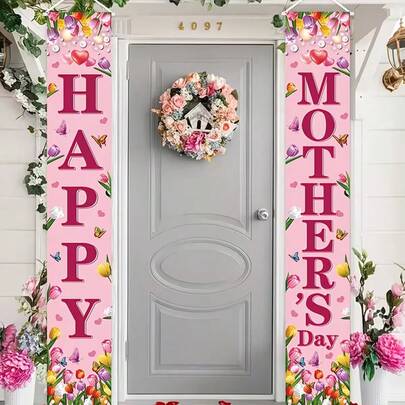 一对母亲节门廊横幅，采用色彩缤纷的花卉图案和“母亲节快乐”字样，适合户外庆祝活动和节日门饰。花环 | 耐候装饰品，母亲节送给妈妈的礼物。