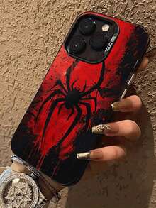 1pc Dark Red Spider Graphic Painted Protective Phone Case, Anti-Drop, Compatible With IPhone 17, 16, 15, 14, 13, 12, 11 Pro Max - Multicolor - View 2