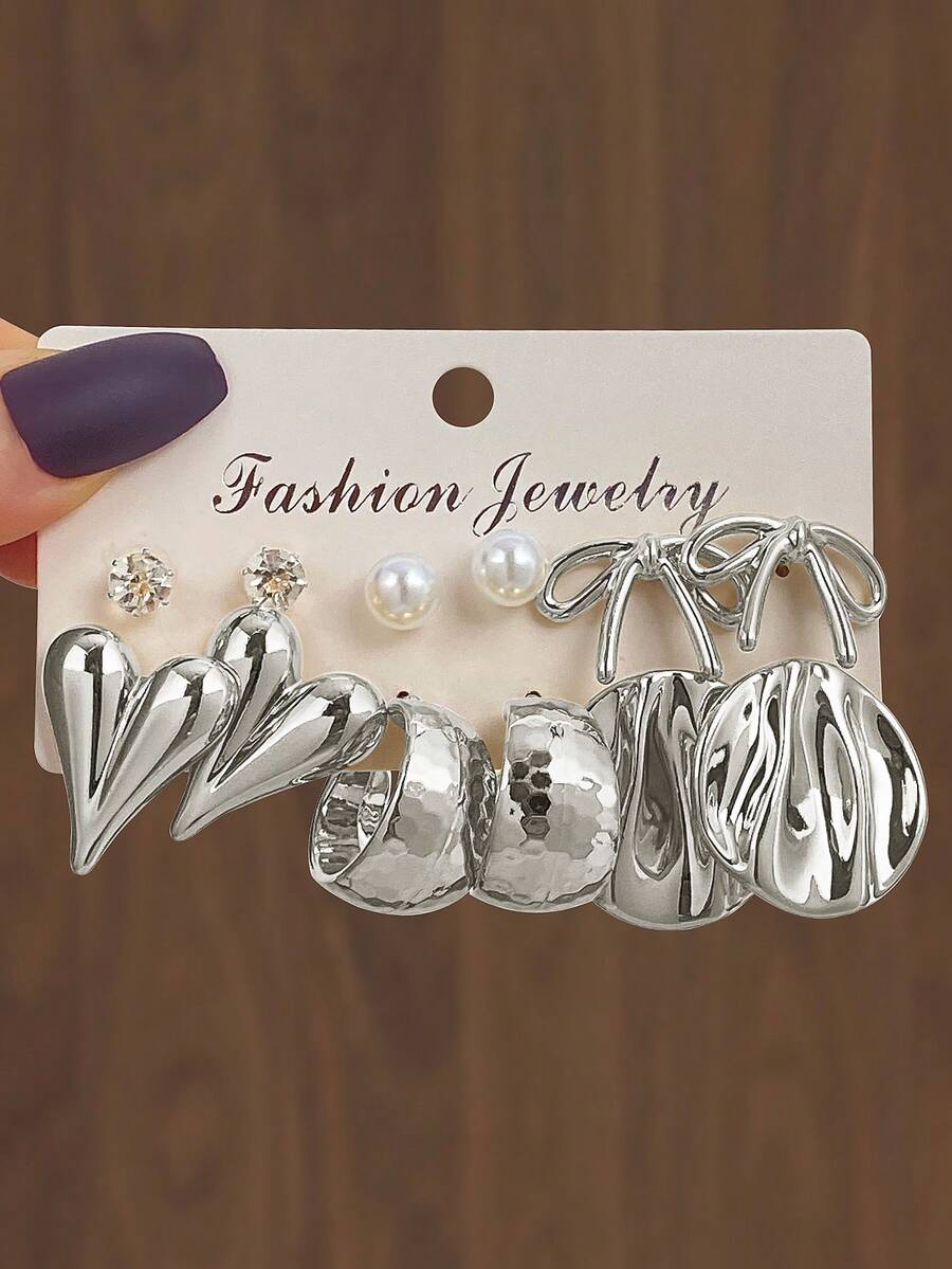 12件套 2026款水钻珍珠3D心形蝴蝶结C形耳环，奢华简约独特个性化高端设计耳环套装，适合日常佩戴 - 銀色 - 查看 1