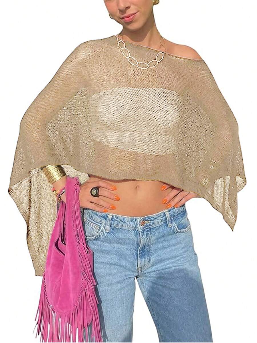 Women Sheer Mesh Poncho Top Crochet Knit Lightweight See Through Shawl Wrap Summer Oversized Loose Shrug Beachwear Swimsuit Bikini Cover Ups - 摩卡棕 - 查看 1