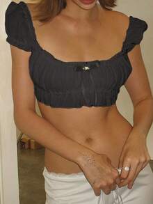 Women's Y2K Off Shoulder Tops Fairycore Slim Frill Trim Bow Backless Short Sleeve Crop Tops Short Shirt Aesthetic Clothes For Party Club Streetwear - 黑色 - 查看 1