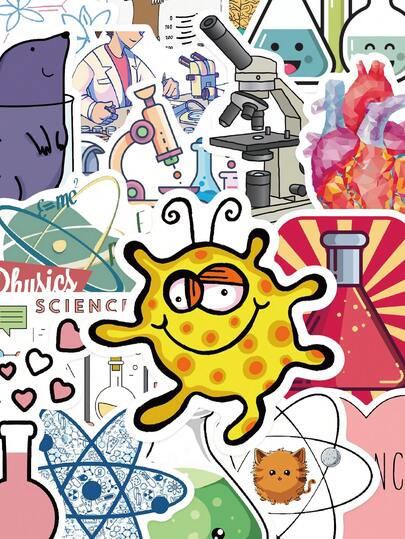 50pcs Physics, Chemistry, Biology Experiment Stickers Unique Designs, Vinyl Self-Adhesive Perfect For Scrapbooks, Bumper Stickers, Motorcycles, Skateboards, Luggage Fun Decorative Decals For Plastic & Glass Surfaces Versatile Stickers Ideal Gifts For Friends & Travel Enthusiasts