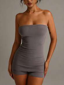 女士夏季高弹柔软基础款长款抹胸上衣+短裤两件套，时尚休闲纯色套装 - 灰褐色 - 查看 8