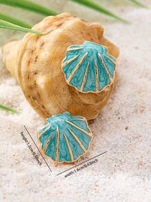 1 Pair Women's Enamel Fan-Shaped Shell Earrings, Ocean Blue Fan-Shaped Shell Earrings, Summer Beach Jewelry Gift - Multicolor - View 3