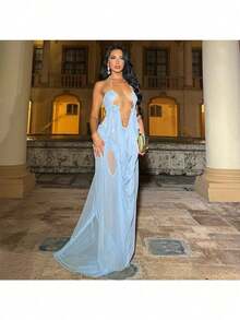 Summer New Pure Desire Mesh Stitching Low-Cut Neck Backless Irregular Dress - Màu vàng - Xem 4