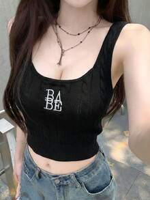 2026春夏女式黑色罗纹吊带背心 - 休闲甜美“BABE”刺绣宽肩带修身无袖上衣，适合日常、约会、聚会等场合。 - 黑色 - 查看 1