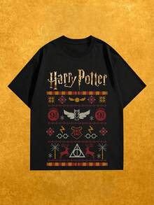 Whysmera SHEIN X Harry Potter Women's Fashion Casual Short Sleeve T-Shirt, Cute Cartoon Characters & Hippogriff Print, Breathable, Retro Comic Style, Suitable For Daily Wear, School, Movie Night, Summer Outings, And Wizarding World Themed Parties - Black - View 1