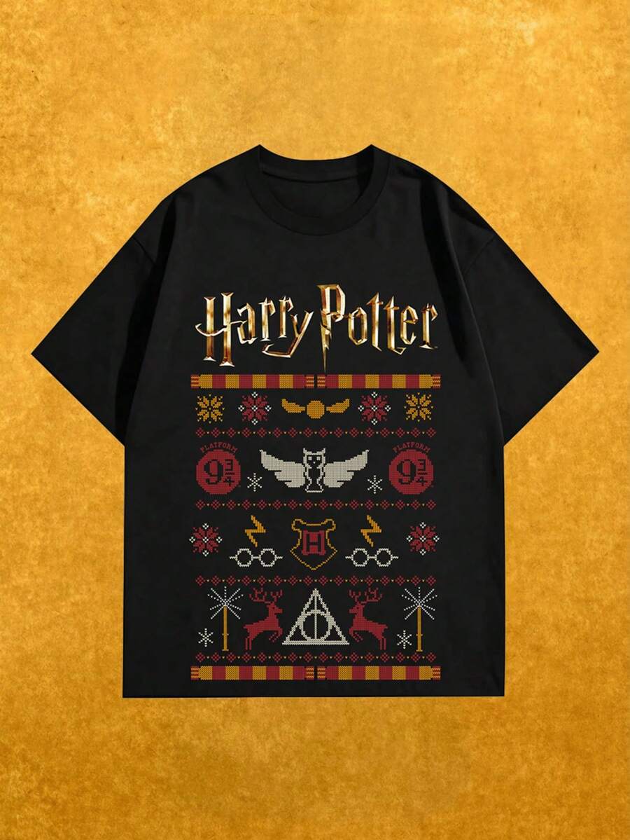 Whysmera SHEIN X Harry Potter Women's Fashion Casual Short Sleeve T-Shirt, Cute Cartoon Characters & Hippogriff Print, Breathable, Retro Comic Style, Suitable For Daily Wear, School, Movie Night, Summer Outings, And Wizarding World Themed Parties - Black - View 1