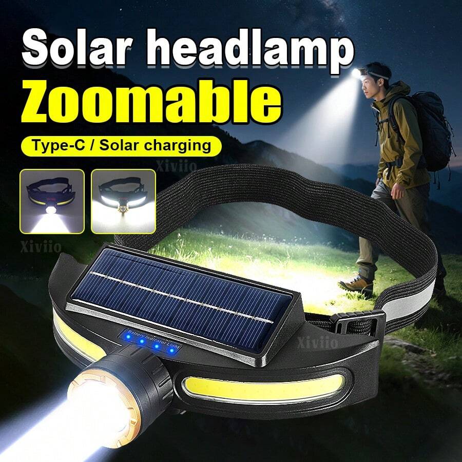 9900LM Most Powerful Solar Headlamp 4 Modes Rechargeable LED Headlight Solar Charging Built-In Battery Outdoor Fishing Lantern
