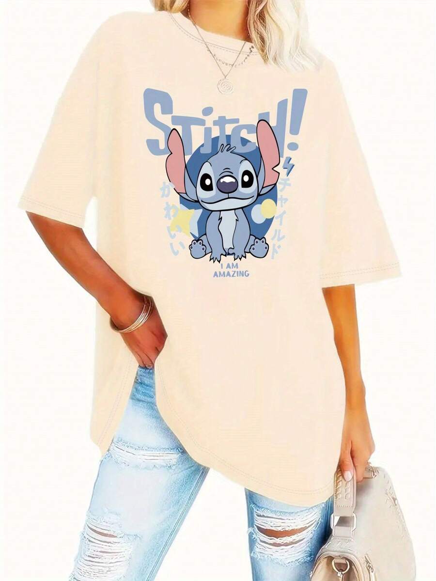 Disney, Stitch, Lilo & Stitch, I Am Amazing, Graphic Tee, Oversized T-Shirt, Crew Neck, Side Slit, Women's Top, Casual Wear, Spring Summer, Japanese Style, Cartoon Print - 白色 - 查看 1