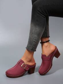 Eleganti mule con tacco alto slip-on da donna, sandali senza retro versatili alla moda con fibbia, adatti per uso casual quotidiano e varie occasioni - Rosso scuro - Visualizzare 2