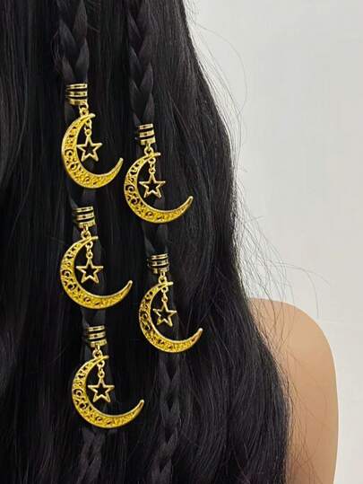 5pcs Women Gold Moon Pendant, Silver Hair Rings, Braided Hair Accessories, Braid Clips With Stars & Moons, Suitable For Festivals, Parties, Daily Wear, Pendants, Gifts, Ramadan