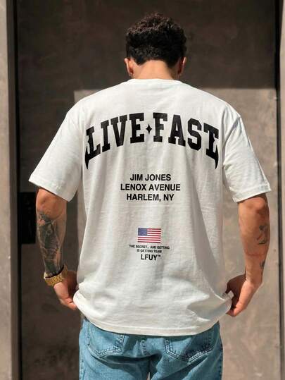  FRACTYR Men's Summer Casual Street Fashion Loose Retro American Flag Letter Print Round Neck Short Sleeve T-Shirt