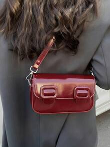 Casual Flap Shoulder Bag, Retro Messenger Crossbody Square Bag, College Style - Burgundy - View 3