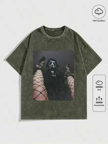 Summer TopsHalloween Retro Washed T-Shirt Scream Ghostface Heart Hands Graphic Tees Water Washing Print T-Shirt, Vintage T-Shirt,Short Sleeves Crew Ne - 軍綠色 - 查看 1