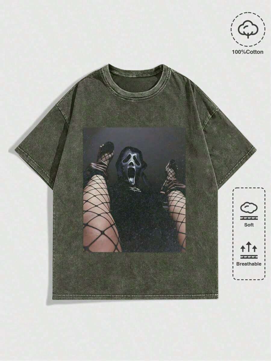 Summer TopsHalloween Retro Washed T-Shirt Scream Ghostface Heart Hands Graphic Tees Water Washing Print T-Shirt, Vintage T-Shirt,Short Sleeves Crew Ne - 軍綠色 - 查看 1