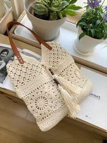 2026春夏新款镂空编织手提包、单肩包、腋下包、商务休闲托特包，女士适用，适合工作、购物、约会、旅行、上学、日常使用。 - 米色 - 查看 5